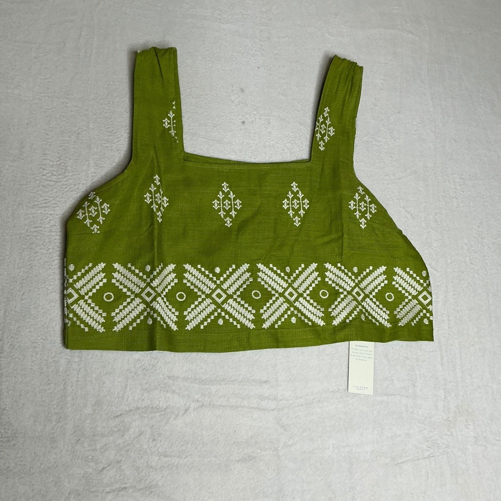 NWT Calypso St Barth Embroidered Crop‎ Top Green Linen Blend Square Neck Tank XL